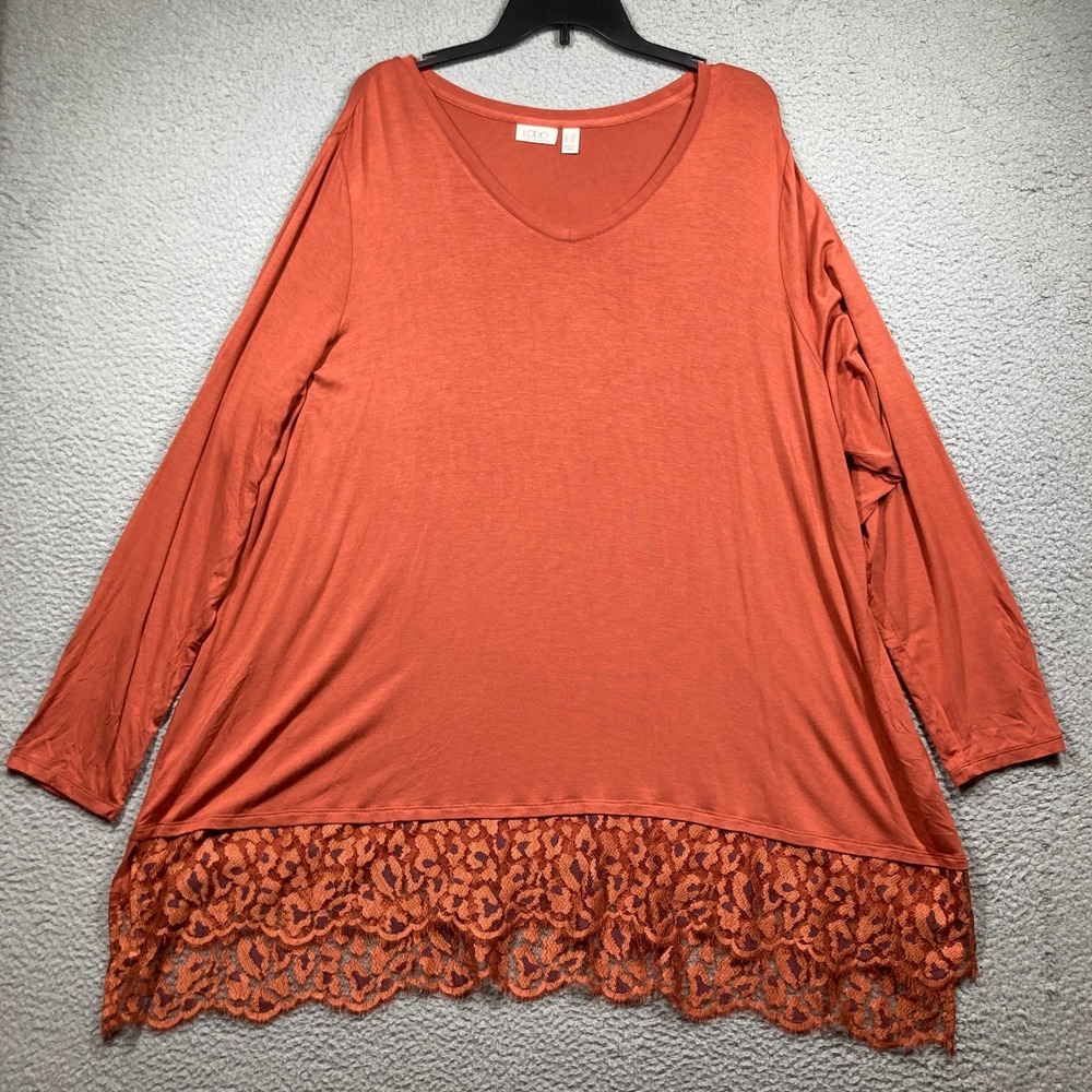 LOGO Lori Goldstein Tunic Top Women 3X Rust Orange Lace Hem V-Neck Long Sleeve